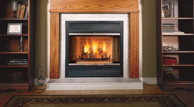 Majestic Sovereign wood-burning fireplace — lit hearth view